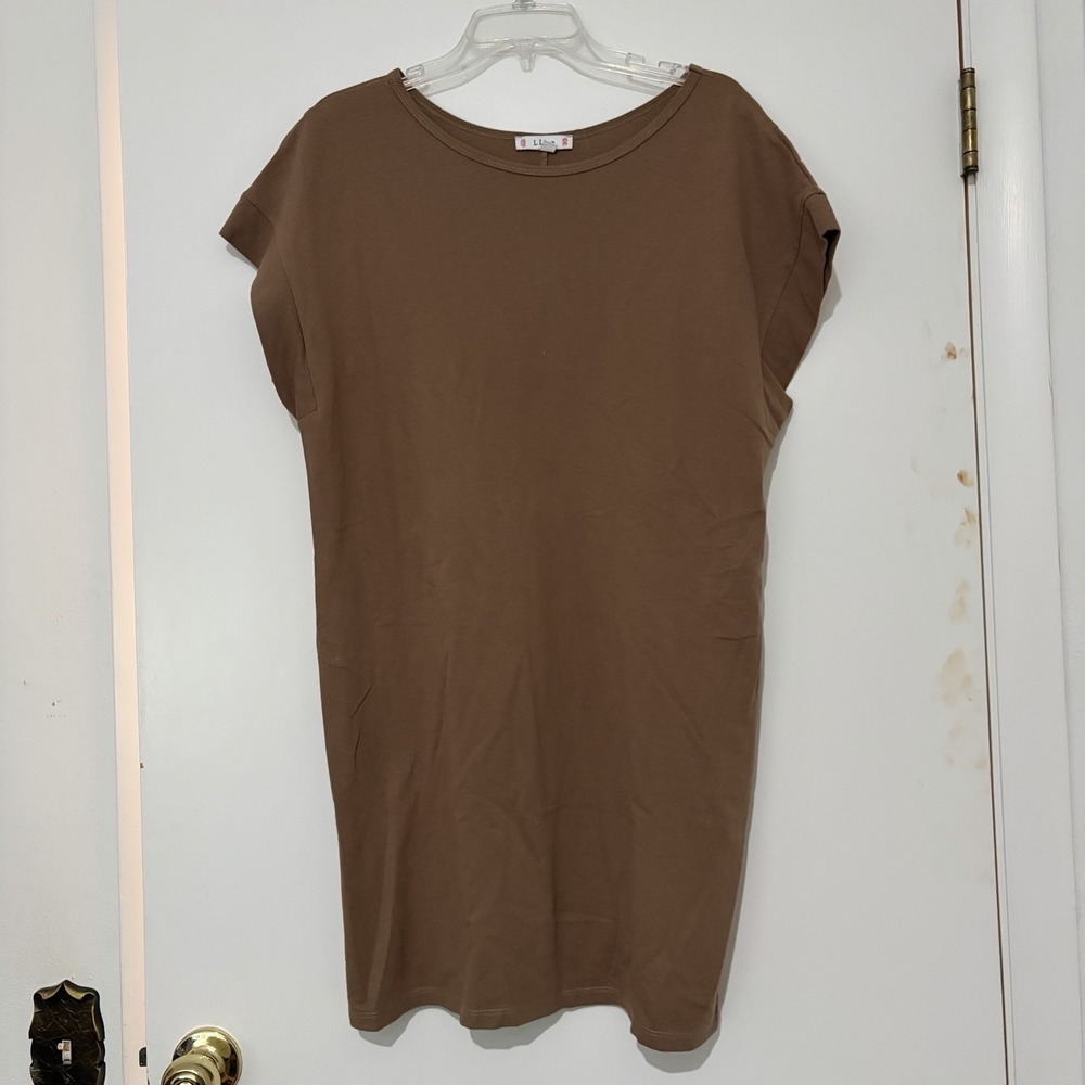 L Love Brown Dress Midi Size Medium Knee Length Cotton Basic Classic Shirt Dress - Picture 2 of 8